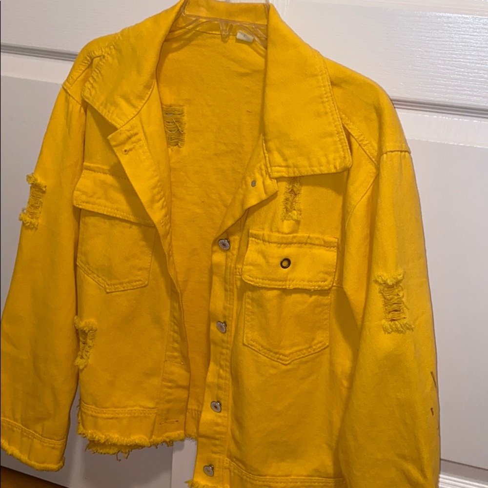 Oversized distressed bright yellow jean jacket